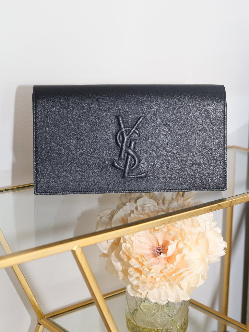 Saint Laurent YSL Large Black Leather Monogram Clutch